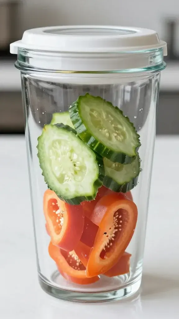 closeup of glass meal-prep container with sliced veggies on white countertop