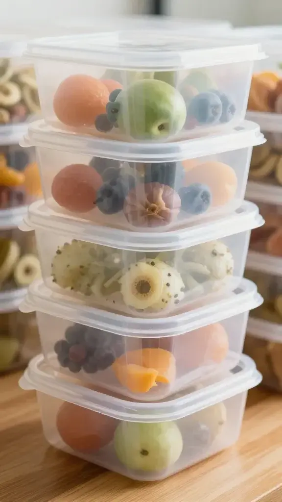 closeup of stacked plastic containers labeled for week meals, on wooden table