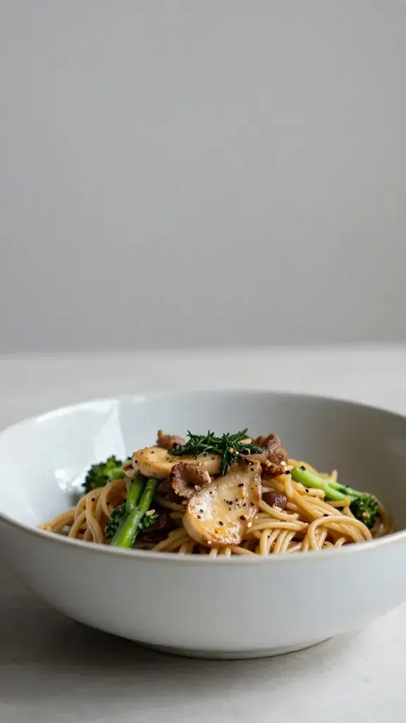closeup of a single bowl with balanced week-night dinner, minimalist backdrop